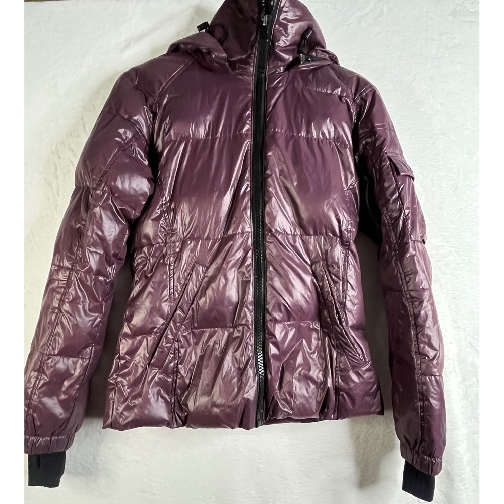 S13 New York Womens XS Burgundy Down Puffer Jacket Shiny Hooded Winter Coat - Picture 5 of 14